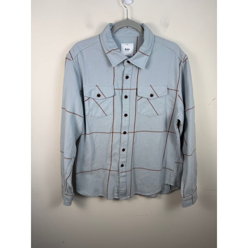 Katin Mens Medium Blue Plaid Flannel Long Sleeve Button Down Shirt 100% Cotton